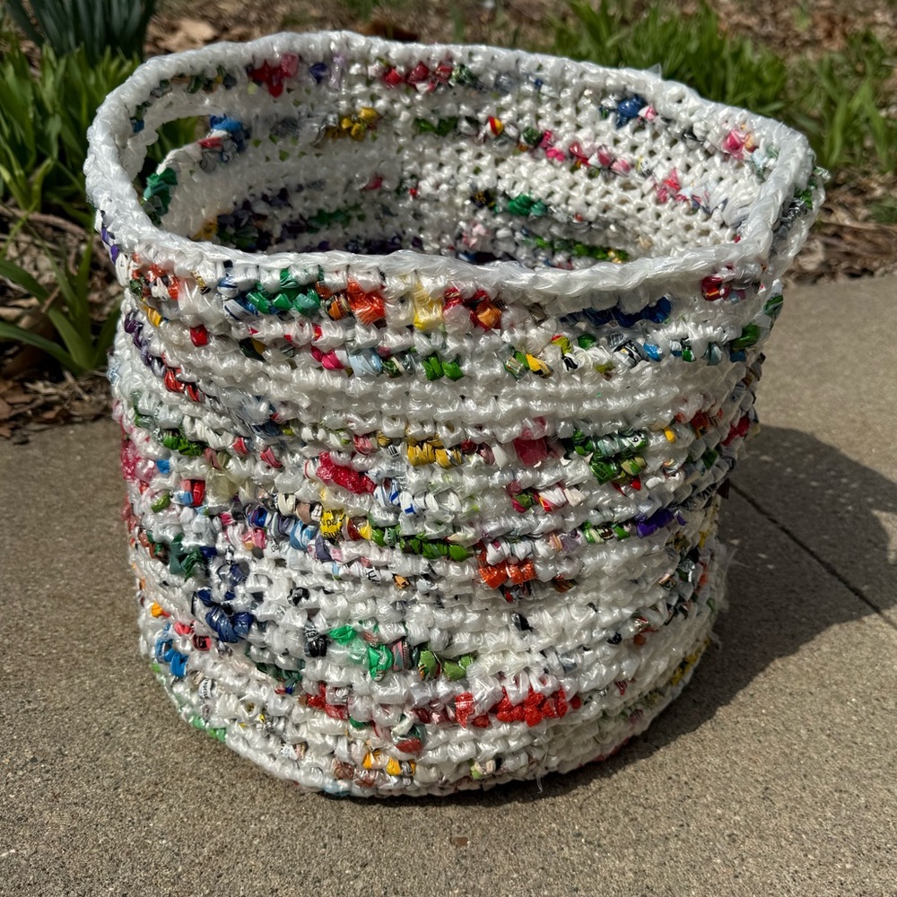 Handmade from repurposed plastic bags crocheted shopping basket laundry tote